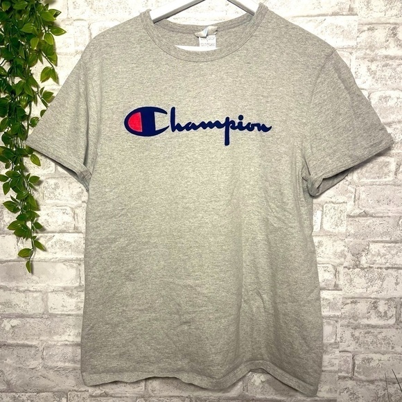 Champion Vintage Gray Short Sleeve Tee Shirt Men’s Size Large Felt Lettering - Picture 1 of 4